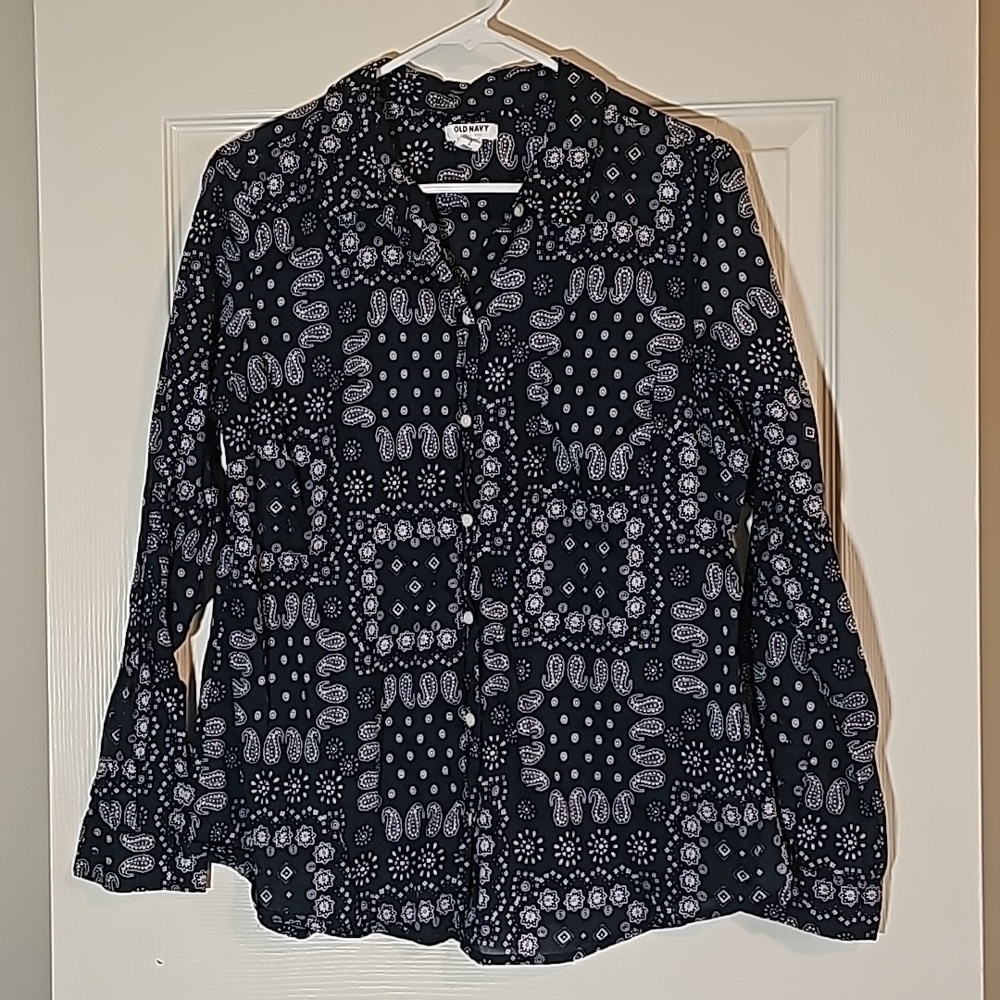 Old Navy Blue & White Handkerchief Print Blouse Semi Sheer Size L